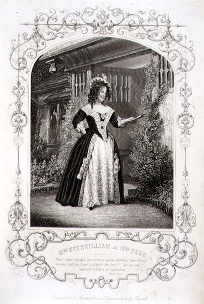 Pani Fitzwilliam jako pani Page, akt II, scena 1, w „Wesołych kumoszkach z Windsoru” Williama Szekspira (1564-1616) grawerowanych przez Thomasa Sherratta (fl.1860-80) z dagerotypu JP Mayalla (1810-1901) ( rytownictwo) autorstwa English School