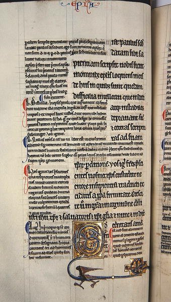 Ms.27, f.117v: Strona z glosowanej kopii Nowego Testamentu (welum) autorstwa English School