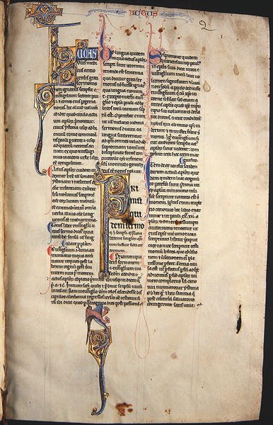 Ms.27, f.1r: Strona z glosowanej kopii Nowego Testamentu (welum) autorstwa English School