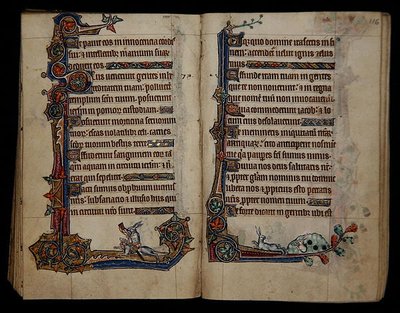 Ms 1-2005, ff.115v-116r: polowanie na królika jadącego na psie, marginalna ozdoba z psałterza Macclesfield, Use of Sarum, East Anglia, c.1330 (welum) autorstwa English School