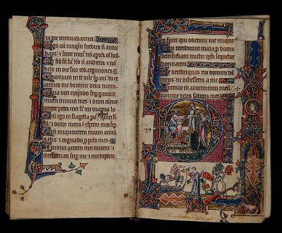 Ms 1-2005, ff.57v-58r: Saul wysyłający Doega, by zabił kapłanów Noba, historyczny inicjał z Psałterza Macclesfielda, Use of Sarum, East Anglia, c.1330 (welum) autorstwa English School
