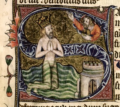 p. 26 f.34r. Psalm 68, Dawid tonący, z psałterza opactwa Ramsey, ok. 1380 autorstwa English School