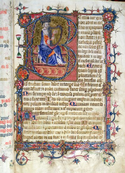 Pani 26 fol.7r. Psalm 1, harfa Dawida, z psałterza opactwa Ramsey, ok. 1380 autorstwa English School