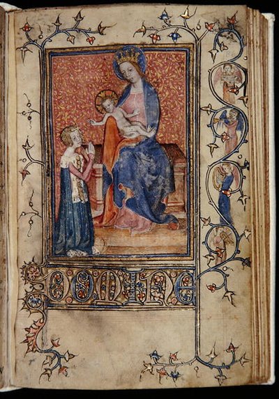 Ms 48, f.86r: Właścicielka rękopisu modląca się do Dziewicy z Dzieciątkiem, z Godzin Carew-Poyntz, Używanie Sarum, ok. 1390-1400 (welum) autorstwa English School