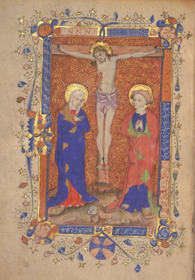 Ms 515 fol.108r Ukrzyżowanie z Marią i św. Janem Chrzcicielem, z Mszału św. Botolpha Aldersgate, ok. 1420-30 autorstwa English School