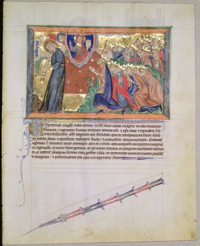 Ms L.A. 139-Lisboa fol.28 Siódmy anioł dmący w trąbę i 24 starszych wielbiących Boga, z Apokalipsy Gulbenkian, ok. 1265-70 autorstwa English School
