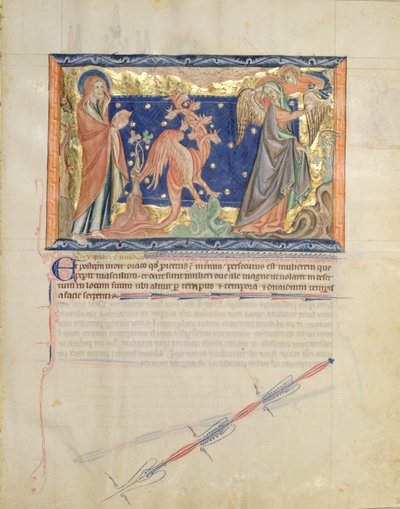 Ms L.A. 139-Lisboa fol.31 Św. Jan obserwujący anioła pomagającego kobiecie uciec przed czerwonym smokiem, z Apokalipsy Gulbenkian, c.1265-70 autorstwa English School