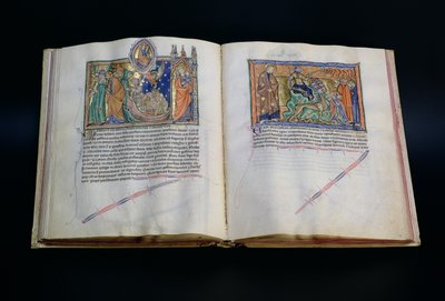 Ms L.A. 139-Lisboa fol.37 v-38 Bestia bluźni imieniu Boga i ludzie czczący 3. i 2. bestię, z Apokalipsy Gulbenkian, c.1265-70 autorstwa English School