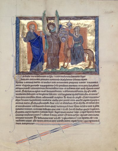 Ms L.A. 139-Lisboa fol.59 Anioł prowadzący św. Jana Ewangelistę do nierządnicy babilońskiej, z Apokalipsy Gulbenkian, c.1265-70 autorstwa English School