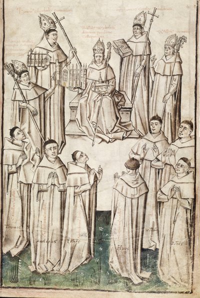 p. New Coll 288, f4r. (rękopis Chaundlera), Życie Williama z Wykeham autorstwa Thomasa Chaundlera (pióro i atrament oraz tempera na welinie) autorstwa English School
