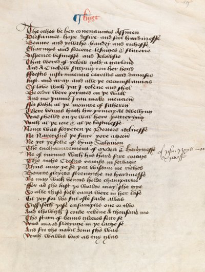 Ms. New Coll 314, f19r, The Canterbury Tales autorstwa Geoffreya Chaucera (pióro i atrament na welinie) autorstwa English School