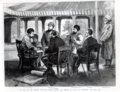 Muhammad Yaqub Khan (1849-1923) podpisuje traktat pokojowy w Gundamak 26 maja 1879 r. autorstwa English School
