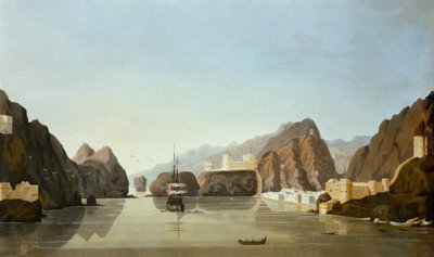 Muscat z portu z brytyjską fregatą na kotwicy, z Szesnastu widoków miejsc w Zatoce Perskiej, autorstwa porucznika R. Temple, opublikowane w 1813 r. (akwatinta) autorstwa English School