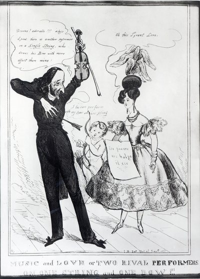 „Muzyka i miłość lub dwóch rywali na jednej strunie i jednym smyczku”, karykatura Hectora Berlioza (1803-69) i Harriet Smithson (1800-54) autorstwa English School