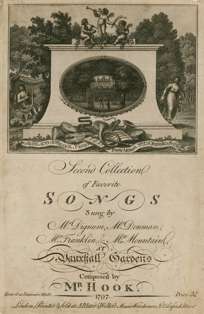 Partytura muzyczna zbierająca ulubione piosenki śpiewane w Vauxhall Gardens w Londynie, skomponowana przez pana Hook autorstwa English School
