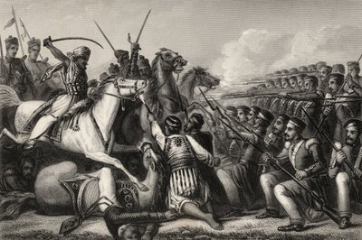 Kawaleria buntowników atakująca plac piechoty w bitwie pod Cawnpore w 1857 r., z „Historii buntu indyjskiego”, opublikowanej w 1858 r. autorstwa English School