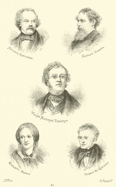 Nathaniel Hawthorne, Charles Dickens, William Makepeace Thackeray, Charlotte Bronte, Thomas De Quincey autorstwa English School