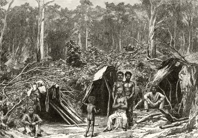 Native Aboriginie Encampment, ok. 1880, z „Australian Pictures” Howarda Willoughby, opublikowane przez religijne Towarzystwo Traktu, Londyn, 1886 autorstwa English School