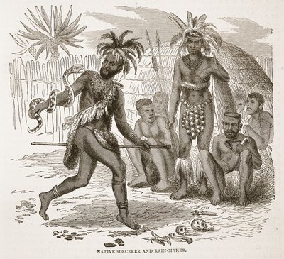 Native Sorcerer and Rain-maker, ilustracja z The Pictorial Edition of the Life and Discoveries of David Livingstone by J. Ewing Richie, wyd. przez A. Fullartona & Co., 1876 autorstwa English School