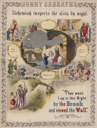 Nehemia inspiziert die Stadt bei Nacht (farbige Gravur) von English School