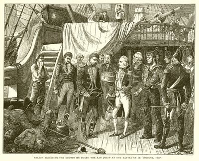 Nelson odbiera miecze na pokładzie statku San Josef w bitwie pod św. Wincentym, 1797 r. autorstwa English School