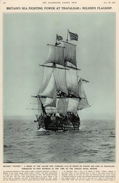 Nelsons Victory: model 100-działowego statku, na którym walczył i zginął pod Trafalgarem, z The Illustrated London News Royal Naval and Military Review Number, 20 lipca 1935 autorstwa English School