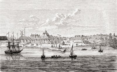 Nowy Amsterdam, XVII-wieczna holenderska osada na południowym krańcu wyspy Manhattan w Ameryce, z ilustrowanej historii świata Warda i Locka, wyd. ok. 1882 r. autorstwa English School