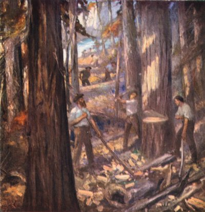 Nowy Brunszwik, William Davidson, pierwszy drwal w Kanadzie, tnący maszty dla brytyjskiej marynarki wojennej (kolorowa litografia) autorstwa English School