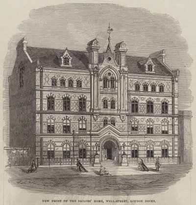 Nowy front domu żeglarzy, Well-Street, London Docks (grawerowanie) autorstwa English School
