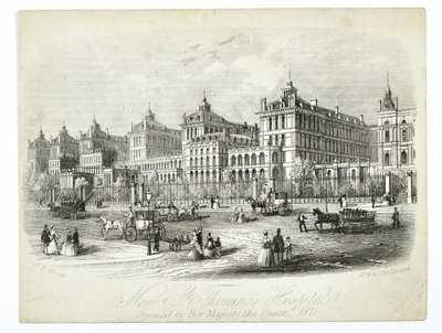 Nowy Szpital św. Tomasza, otwarty przez Jej Królewską Mość Królową 1871, wyd. J.T. Drewno autorstwa English School