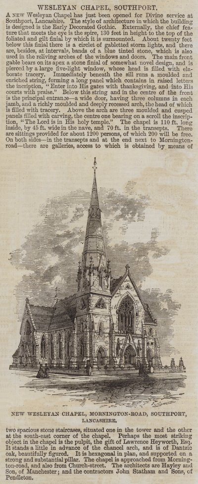 Kaplica New Wesleyan, Mornington-Road, Southport, Lancashire (grawerowanie) autorstwa English School
