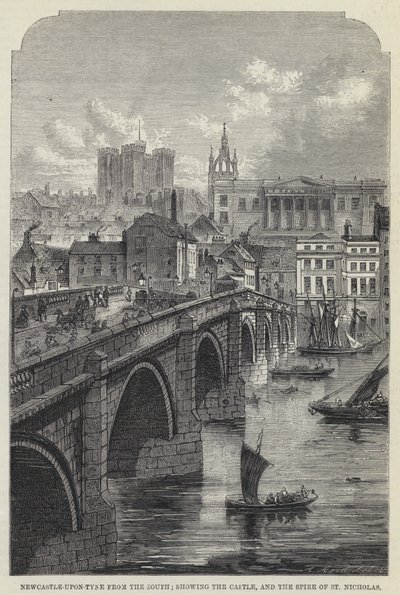 Newcastle-upon-Tyne od południa, przedstawiający zamek i Iglicę św. Mikołaja (rycina) autorstwa English School