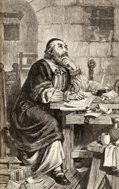 Nicholas Ridley piszący listy w więzieniu w oczekiwaniu na egzekucję, ok. 1865 (drewno) autorstwa English School