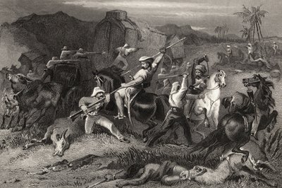 Nocne wypady i atak na wagony bagażowe, z „Historii buntu indyjskiego” opublikowanej w 1858 r. autorstwa English School