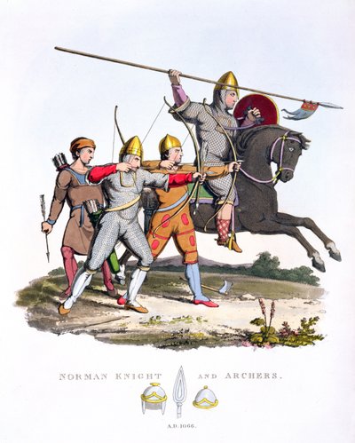 Norman Knight and Archers, 1066, z Ancient Armor, Samuel Rush Meyrick, 1824 autorstwa English School