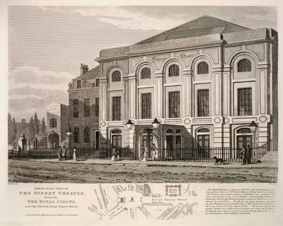 North East widok na Surrey Theatre, dawniej The Royal Circus w pobliżu obelisku, Great Surrey Street, 1814 autorstwa English School