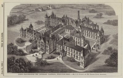 North Staffordshire New Infirmary, Hartshill, Stoke-upon-Trent, pan G B Nichols i pan Charles Lynam, architekci (grawerowanie) autorstwa English School