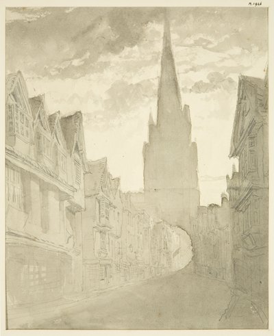 Widok północny kościoła St Mary Redcliffe od strony ulicy Redcliffe (ołówek i akwarela na papierze) autorstwa English School