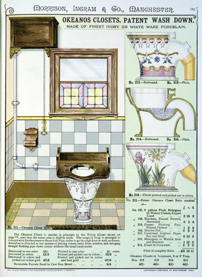 Okeanos Closets z katalogu wyrobów sanitarnych produkowanych przez Morrison, Ingram & Co., Manchester, opublikowanego ok. 1890 r. autorstwa English School