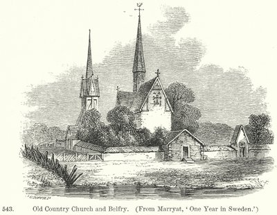 Stary wiejski kościół i dzwonnica (rycina) autorstwa English School