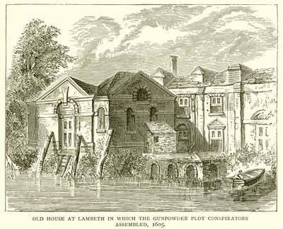 Stary dom w Lambeth, w którym zgromadzili się konspiratorzy spisku prochowego, 1605 autorstwa English School