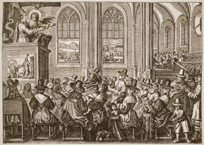 Oliver Cromwell przemawia do zboru purytańskiego, ilustracja z The Church of England: A History for the People autorstwa H.D.M. Spence-Jones, wyd. ok. 1910 (zdjęcie w sepii) autorstwa English School