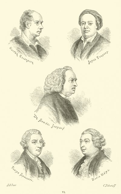 Oliver Goldsmith, James Thomson, dr Samuel Johnson, Tobias Smollett, David Hume autorstwa English School