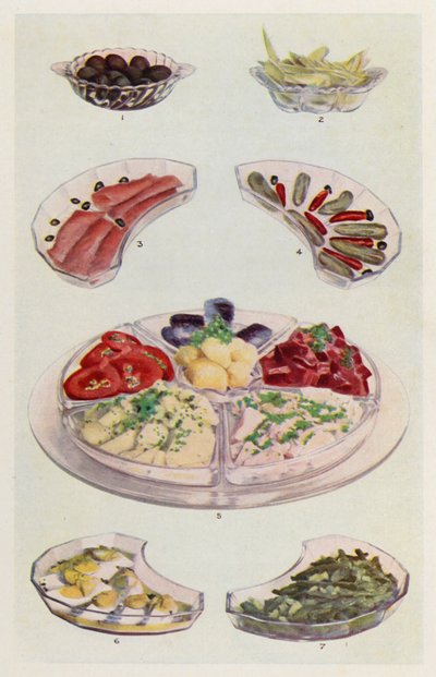 Oliwki; cykoria w sosie; wędzony łosoś; korniszon i chilli; masło, plastry pomidora, sałatka ziemniaczana, tuńczyk, buraki, sardynki; majonez jajeczny; sałatka z fasoli (kolorowa litografia) autorstwa English School