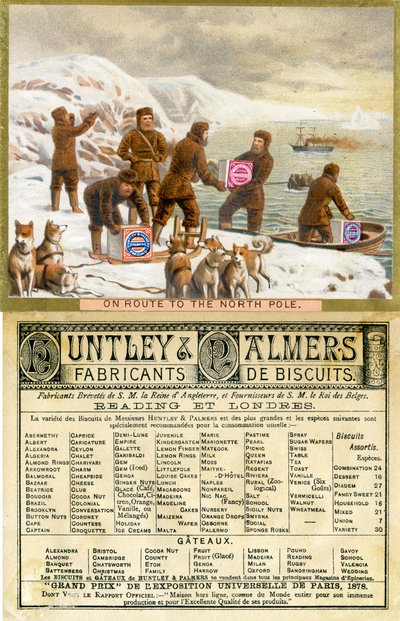 W drodze na biegun północny, przód i tył karty promocyjnej na herbatniki Huntley & Palmers, wyprodukowane na rynek francuski, 1890 autorstwa English School