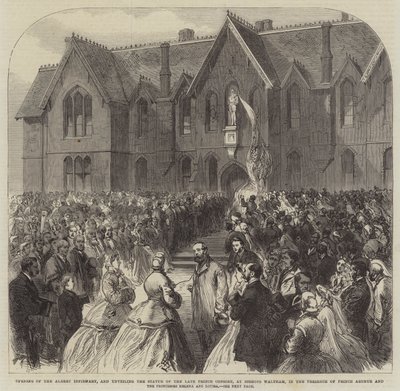 Otwarcie ambulatorium Alberta i odsłonięcie posągu zmarłego księcia małżonka w Bishops Waltham w obecności księcia Artura i księżniczek Heleny i Louisy (rycina) autorstwa English School