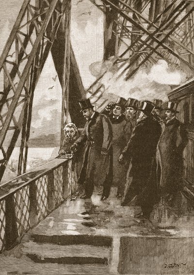 Otwarcie mostu Forth przez księcia Walii, 4 marca 1890, ilustracja z Cassells Illustrated History of England (zdjęcie w sepii) autorstwa English School