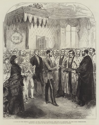 Otwarcie Zgromadzenia Ogólnego Kościoła Szkocji, hrabia Aberdeen, jako Lord High Commissioner, otrzymując klucze miasta Edynburga w Pałacu Holyrood (rycina) autorstwa English School