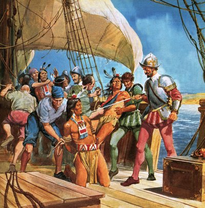 Operacja Czerwonoskórzy. W 1605 r. Sir Ferdinando Gorges popłynął do Ameryki i porwał pięciu Indian, aby Lord Chief Justice mógł dowiedzieć się więcej o rdzennych Amerykanach. autorstwa English School
