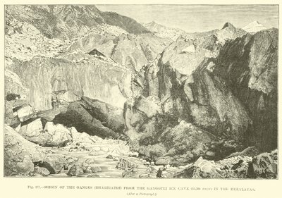 Pochodzenie Gangesu (Bhagirathi) z jaskini lodowej Gangotri (10300 stóp) w Himalajach autorstwa English School